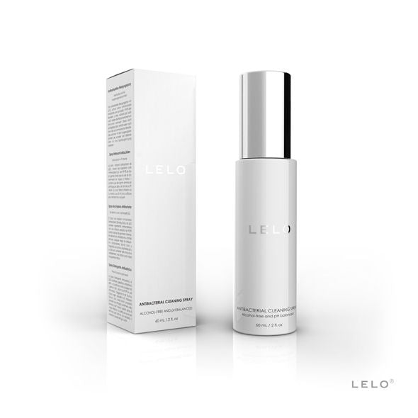 Spray nettoyant antibacterien Lelo flacon argente avec sa boite blanche, produit d entretien au pH equilibre pour nettoyer les sextoys entre usages.