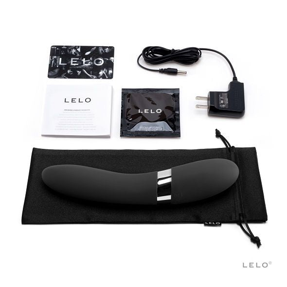 Vibromasseur Elise 2 de Lelo gris avec ses accessoires : manuel, chargeur secteur, sachet de nettoyant et pochette satinée noire, stimulateur point G de luxe.