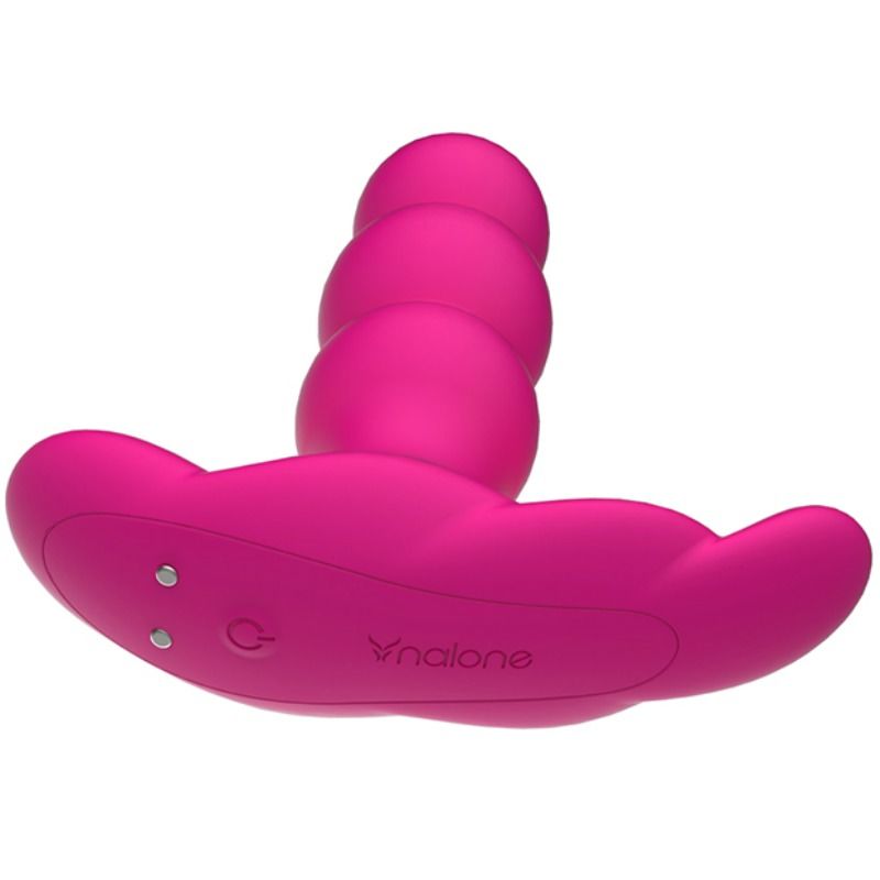 Plug anal vibrant Nalone rose vu de profil : tige a billes etagees, base evasee a boutons de commande, vibration et rotation a l'extremite en silicone souple.