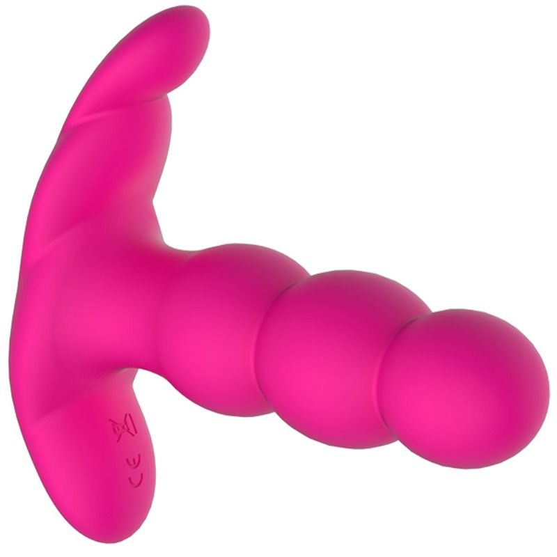 Plug anal vibrant Nalone rose en diagonale : chapelet de billes graduees et large base d'ancrage en silicone, combinant vibration et rotation a l'extremite.
