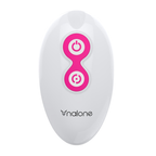 Telecommande blanche Nalone du plug anal vibrant : boitier ovale a boutons roses marche et fonction, pilote a distance les modes de vibration et de rotation.