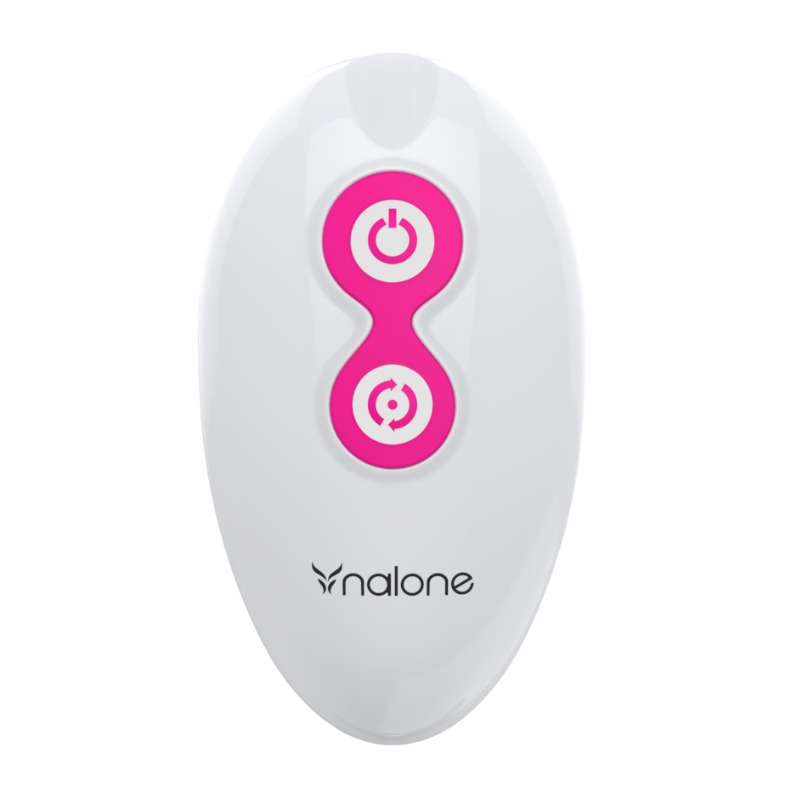 Telecommande blanche Nalone du plug anal vibrant : boitier ovale a boutons roses marche et fonction, pilote a distance les modes de vibration et de rotation.