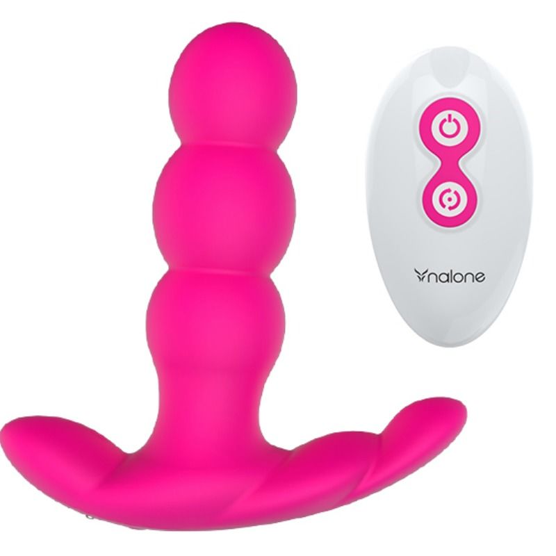 Plug anal vibrant Nalone rose a billes progressives et base papillon, accompagne de sa telecommande : 7 modes de vibration et 7 de rotation en silicone.
