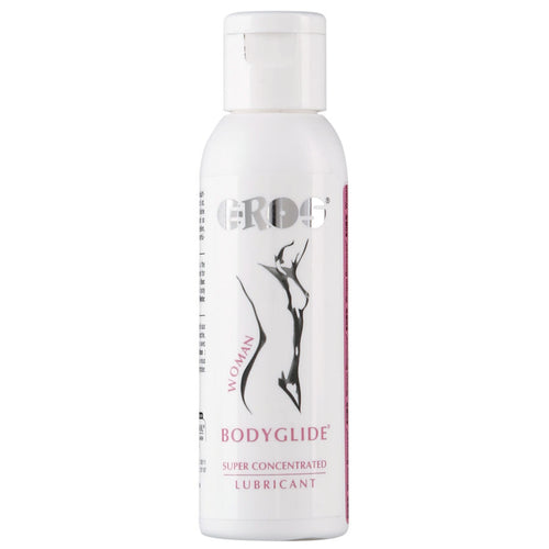 Bouteille blanche Eros Bodyglide Woman superconcentre, vue de face, lubrifiant silicone pense pour les femmes, quelques gouttes pour une glisse soyeuse