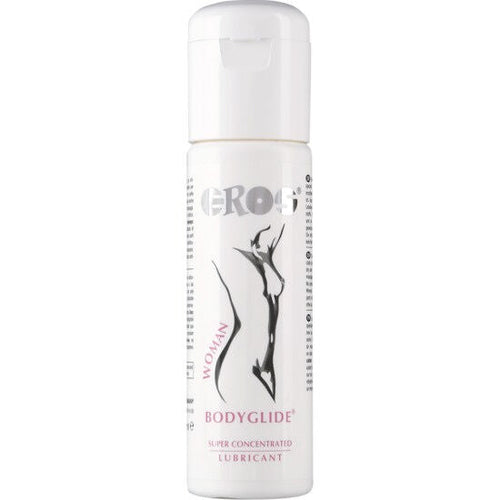 Flacon blanc Eros Bodyglide Woman superconcentre, lubrifiant base silicone pour femme, vue de face, glisse longue duree qui laisse la peau douce