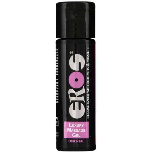 Bouteille noire Eros Luxury Massage Gel Oriental, etiquette rose, gel de massage de luxe base silicone aux notes mandarine bois de santal et vanille