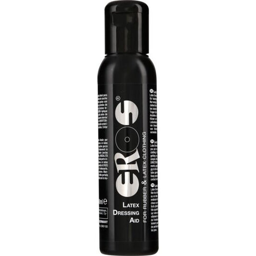 Aide a l'habillage Eros Latex Dressing Aid 100 ml, flacon noir, formule non collante pour enfiler facilement vetements serres en caoutchouc et latex.