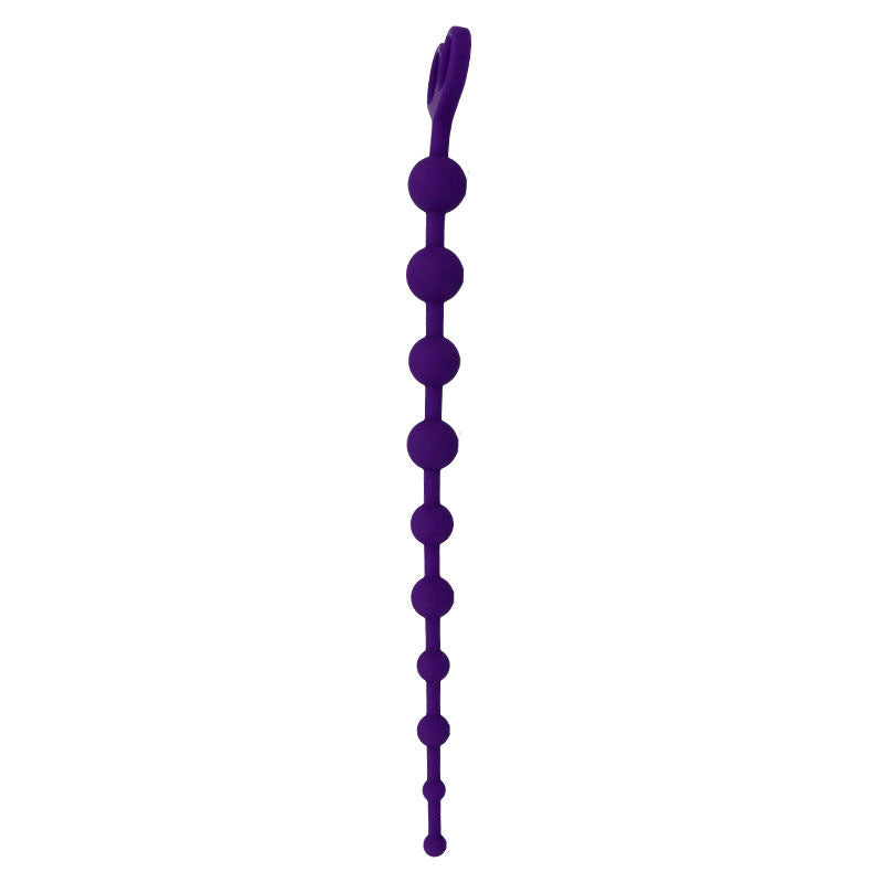 Chapelet anal Jaiden Intense en silicone violet vu à la verticale, billes croissantes et embout à anneau, tige fine et flexible pour la stimulation anale.
