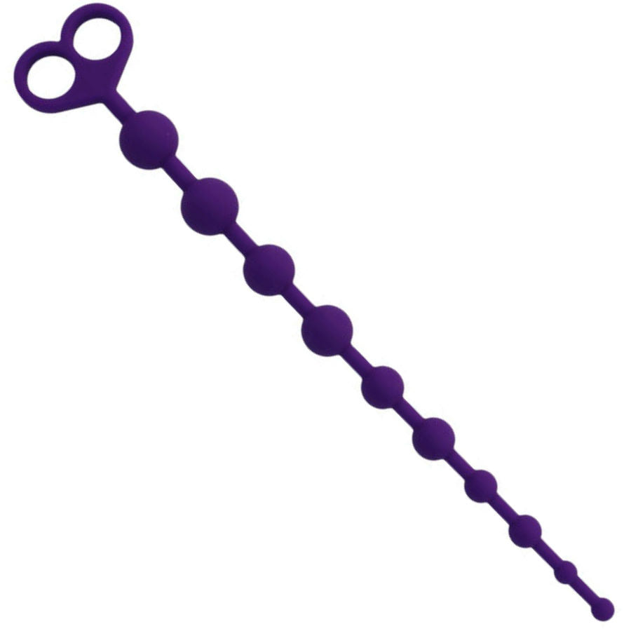Chapelet anal Jaiden Intense en silicone violet présenté en diagonale, billes croissantes et double anneau de prise, tige flexible pour la stimulation anale.