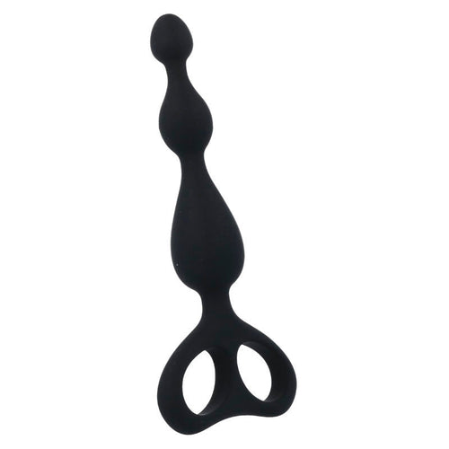Chapelet anal Danti en silicone noir, billes graduees montant en taille et anneau de retrait triangulaire, jouet de stimulation anale progressive a base securisee.