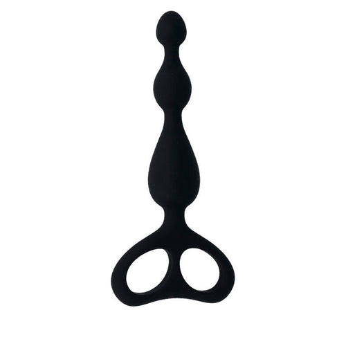 Chapelet anal Danti noir en silicone vu de face, spheres croissantes et large anneau de prise, accessoire de penetration anale progressive avec retrait facile et sur.