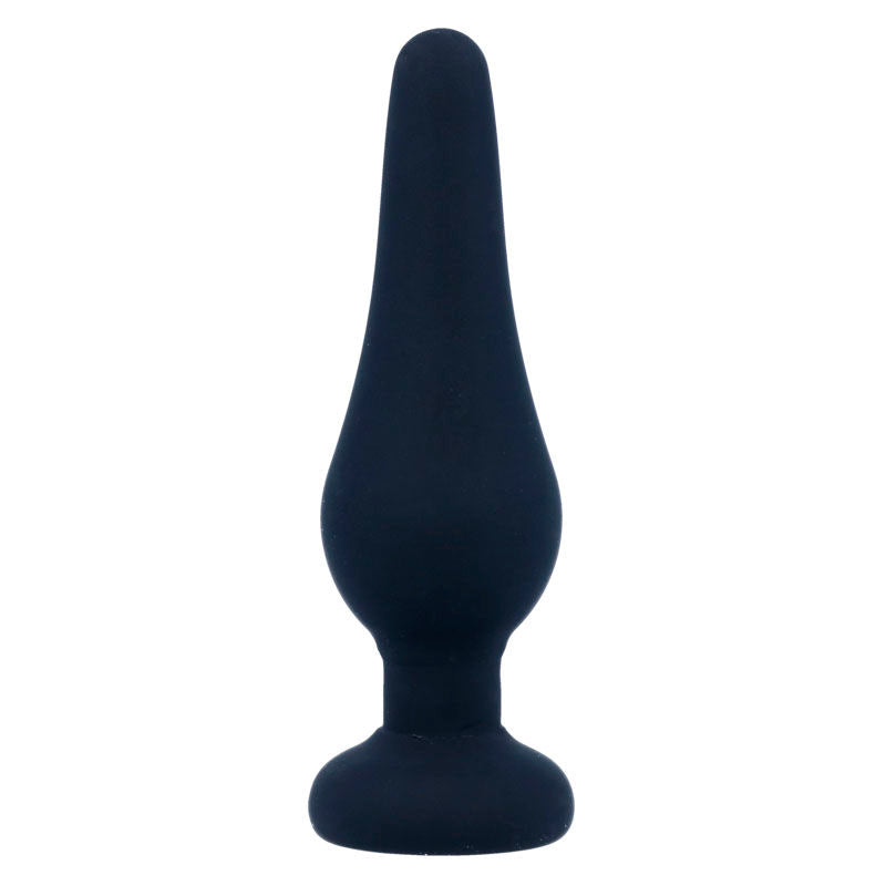 Plug anal Pipo Intense en silicone bleu nuit, vue de trois quarts, pointe conique progressive et large base plate, surface lisse soyeuse pour un confort anal.
