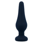 Plug anal Pipo Intense en silicone bleu nuit, vue de trois quarts, pointe conique progressive et large base plate, surface lisse soyeuse pour un confort anal.