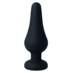 Plug anal Intense en silicone noir vu de face, forme conique large a col resserre et base evasee circulaire, surface mate pour une stimulation anale enveloppante.