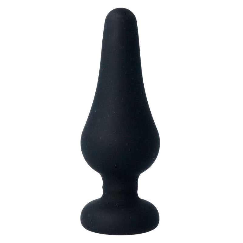 Plug anal Intense en silicone noir vu de face, forme conique large a col resserre et base evasee circulaire, surface mate pour une stimulation anale enveloppante.