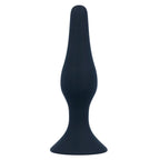 Plug anal Intense Anal Level 3 en silicone bleu nuit, vue de profil, corps conique allonge a pointe arrondie et large base ventouse plate pour un usage anal mains libres.