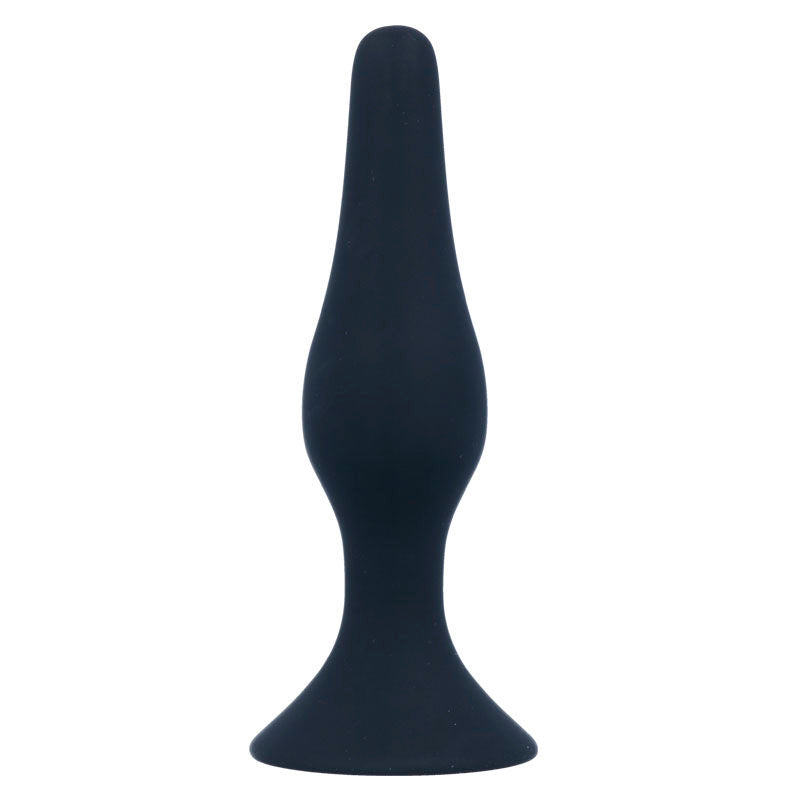 Plug anal Intense Anal Level 3 en silicone bleu nuit, vue de profil, corps conique allonge a pointe arrondie et large base ventouse plate pour un usage anal mains libres.