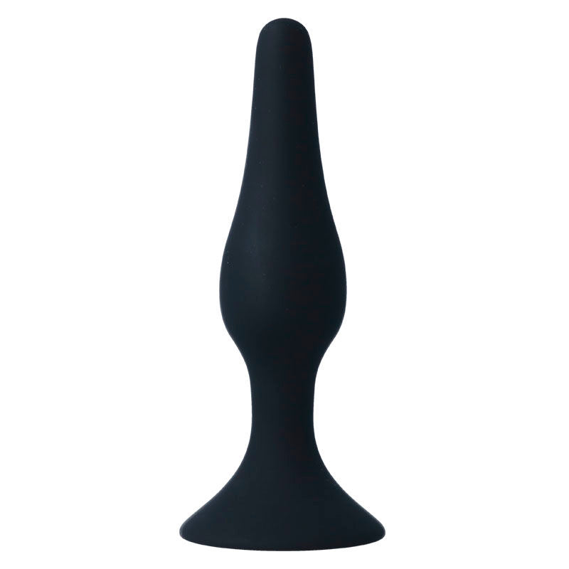 Plug anal Intense Anal Level 4 en silicone bleu nuit, vue de face, corps conique elance a pointe affinee et large base ventouse plate pour la stimulation anale profonde.