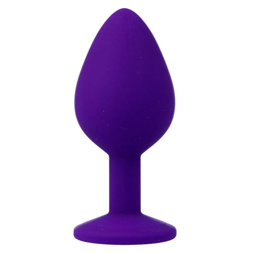 Plug anal Shelki violet en silicone lisse a base bijou ronde, forme conique progressive et col fin, sextoy anal taille M body-safe Intense pour debuter