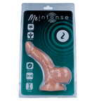 Blister Mr Intense numero 2 vert montrant un gode realiste veine a testicules sous coque, pictogrammes et cotes 16 cm, modele initiation a ventouse PVC.