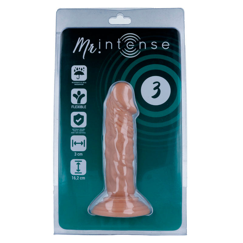 Gode realiste Mr Intense taille 3 en blister, gland marque, veines saillantes et testicules moules sur ventouse, peau couleur chair, 16,2 cm flexible body-safe