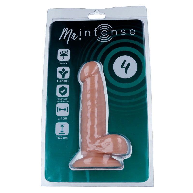 Gode realiste Mr Intense taille 4 dans son blister, gland net, fut veine et testicules sur ventouse, peau chair, 16,2 cm flexible body-safe Intense