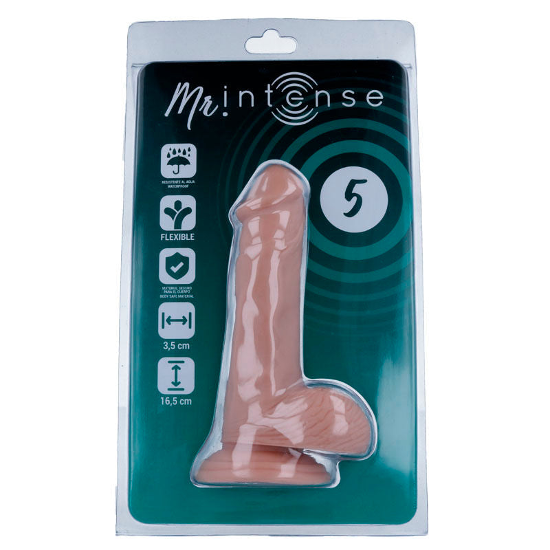Gode realiste Mr Intense taille 5 dans blister vert, gland marque, fut veine et testicules sur ventouse, 16,5 cm flexible, coloris peau Intense