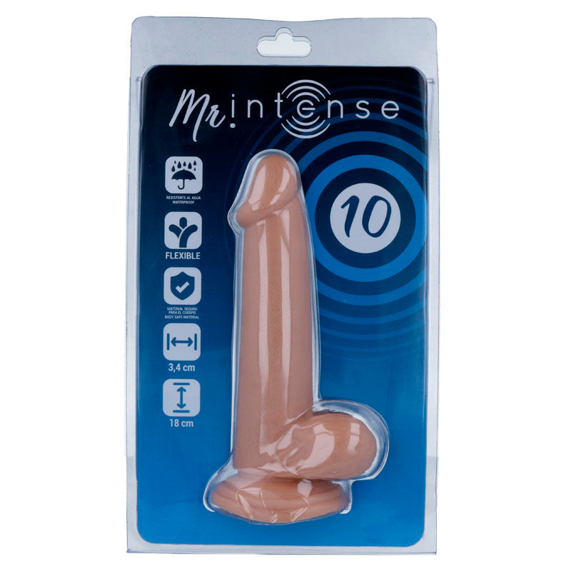 Blister Mr Intense numero 10 bleu montrant un gode realiste veine a testicules sous coque, pictogrammes et cotes, modele standard a ventouse de 18 cm PVC.