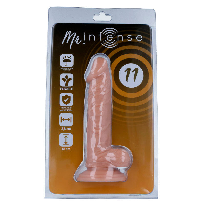 Blister Mr Intense numero 11 montrant un gode realiste veine a testicules sous coque, pictogrammes flexible et cotes, modele intermediaire a ventouse en PVC.