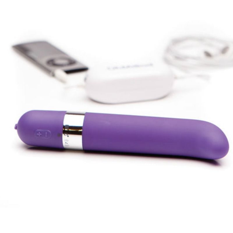 Vibromasseur OhMiBod Freestyle G violet avec émetteur sans fil et câble audio.