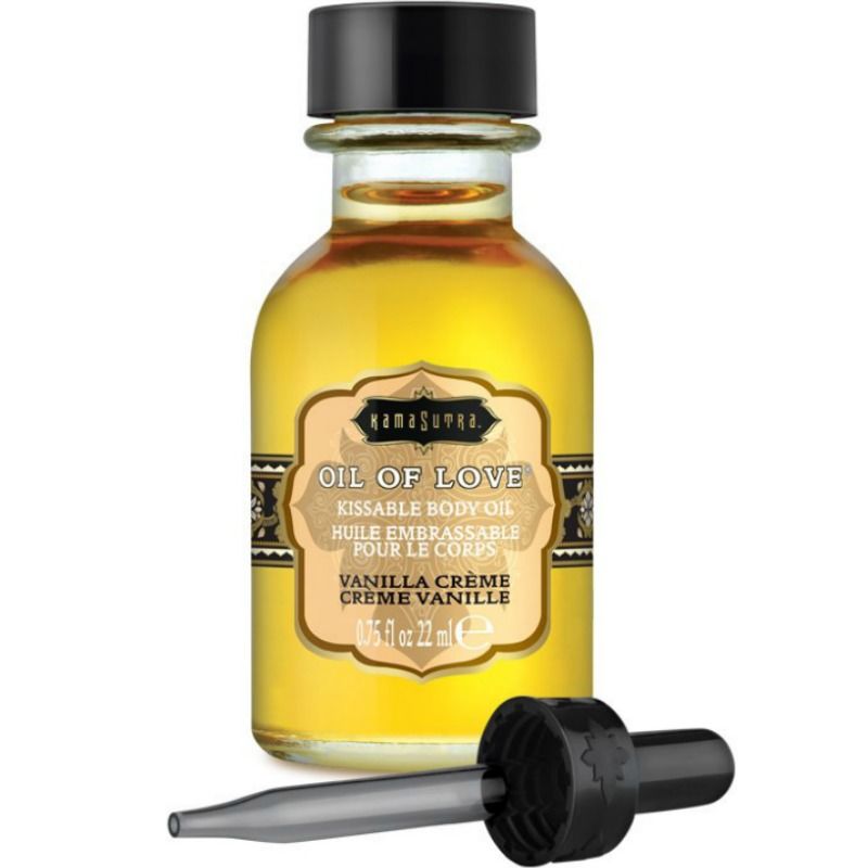 Flacon jaune Kamasutra Oil of Love creme vanille avec pipette posee a cote, huile comestible base eau 22 ml saveur vanille intense, effet chaleur au souffle, ne tache pas.