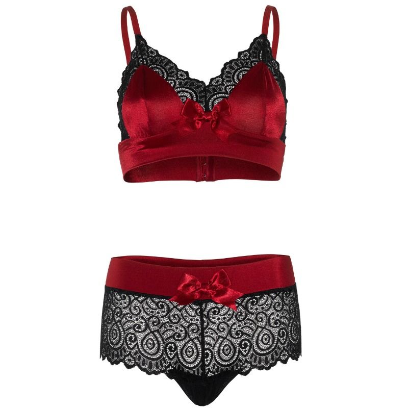 Ensemble lingerie 2 pièces satin dentelle noir rouge — vue de dos