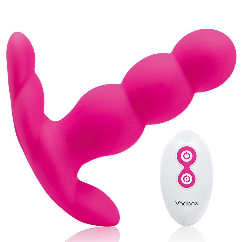 Plug anal vibrant Nalone rose a billes etagees et base papillon, presente avec sa telecommande blanche : 7 modes de vibration et 7 de rotation en silicone.