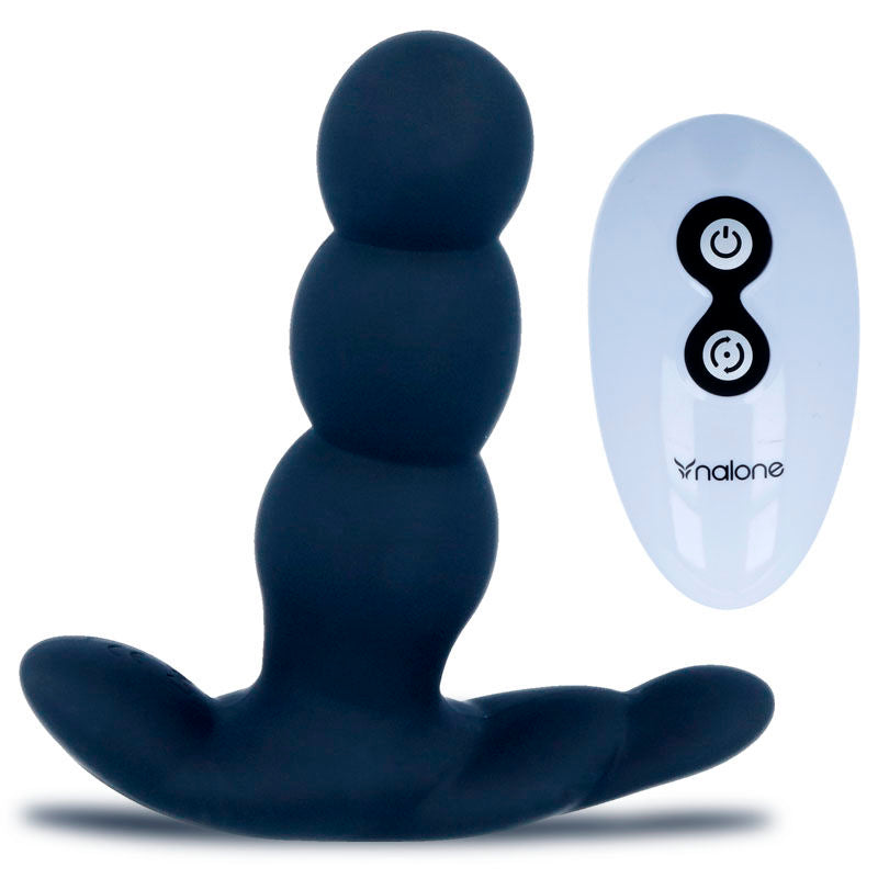 Plug anal vibrant Nalone noir a billes etagees avec base evasee, presente avec sa telecommande blanche : vibration et rotation pilotables, silicone souple.