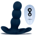 Plug anal vibrant Nalone noir a billes etagees avec base evasee, presente avec sa telecommande blanche : vibration et rotation pilotables, silicone souple.