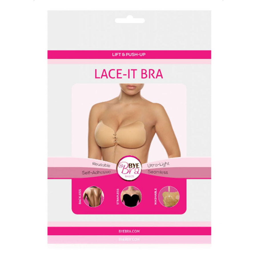 Pochette du soutien-gorge adhesif Lace-it Bra Bye Bra Lift & Push-Up, coupelles beige a lacage illustrees, version sans bretelles ni couture reutilisable legere.