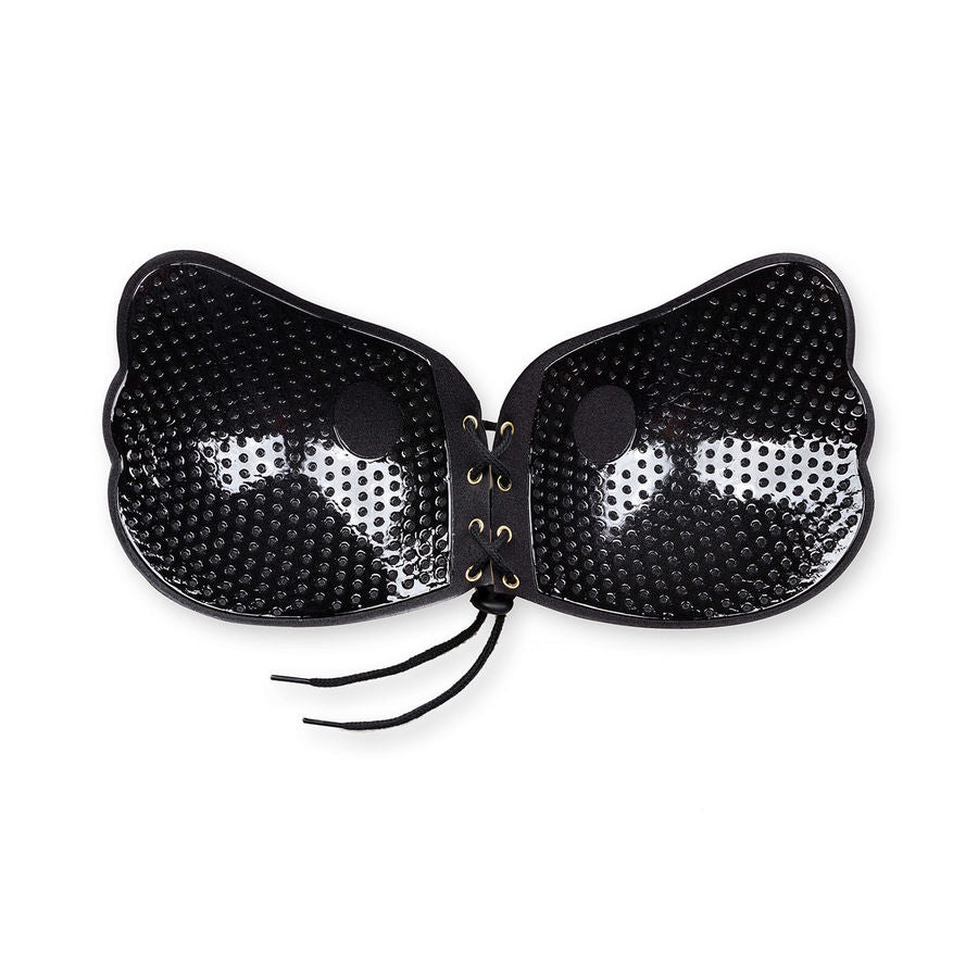 Soutien-gorge adhesif Lace-it noir vu a plat, coupelles texturees brillantes push-up sans bretelles avec lacage central et lacet pendant, surface auto-adhesive Bye Bra.