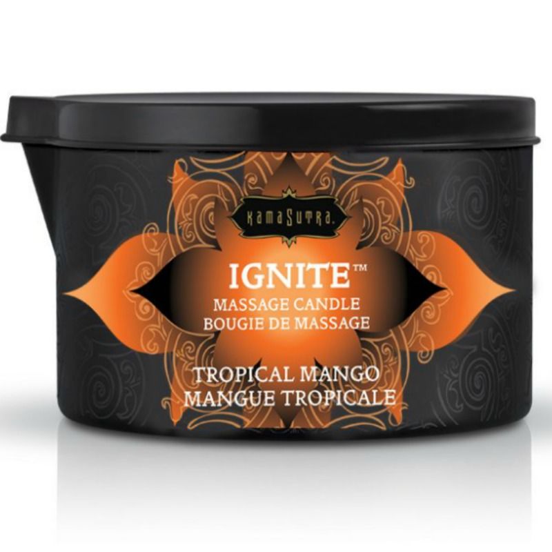 Boite ronde noire de la bougie de massage Kamasutra Ignite Tropical Mango, etiquette orange vue de face, cire parfumee mangue fondant en huile de massage tiede.