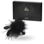 Plumeau sensoriel Pom Pom en plumes noires synthétiques posé devant sa boîte noire Bijoux Indiscrets, accessoire ultra-léger pour des caresses érogènes tout en douceur.