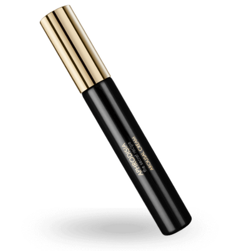 Baume clitoridien Aphrodisia Bijoux Indiscrets en flacon noir laque a bouchon dore strie, soin intensifiant 13 ml pour reveiller le desir et amplifier le plaisir feminin.