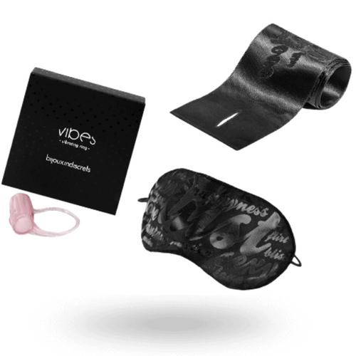 Coffret Instruments de Plaisir Vibes : anneau vibrant rose, masque satin imprimé et rubans noirs avec boîte, kit BDSM rechargeable pour couples Bijoux Indiscrets.