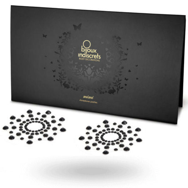 Coffret noir Mimi Bijoux Indiscrets avec deux cache-tetons bijou en strass noirs en rosace, parure corporelle adhesive scintillante pour decollete et soiree