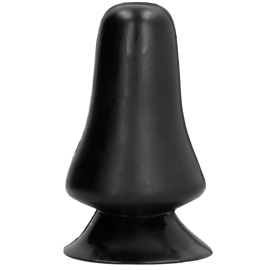 Plug anal All Black silicone de 12 cm vu de profil, corps conique lisse et base ventouse arrondie, diametre 7 cm, facile a nettoyer pour l'initiation anale.