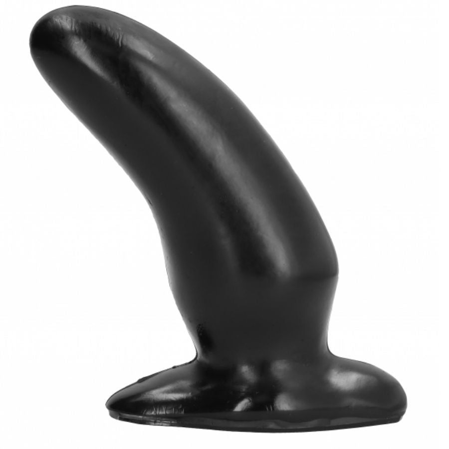 Plug anal en silicone incurve de 13 cm vu de profil, corps courbe lisse et base evasee stable, compatible lubrifiant eau ou silicone, simple a nettoyer.
