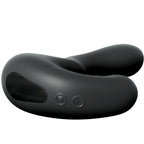 Stimulateur de prostate en silicone noir vu de profil, surface lisse avec boutons de commande et bras périnéal, vibrateur rechargeable pensé pour le point P.