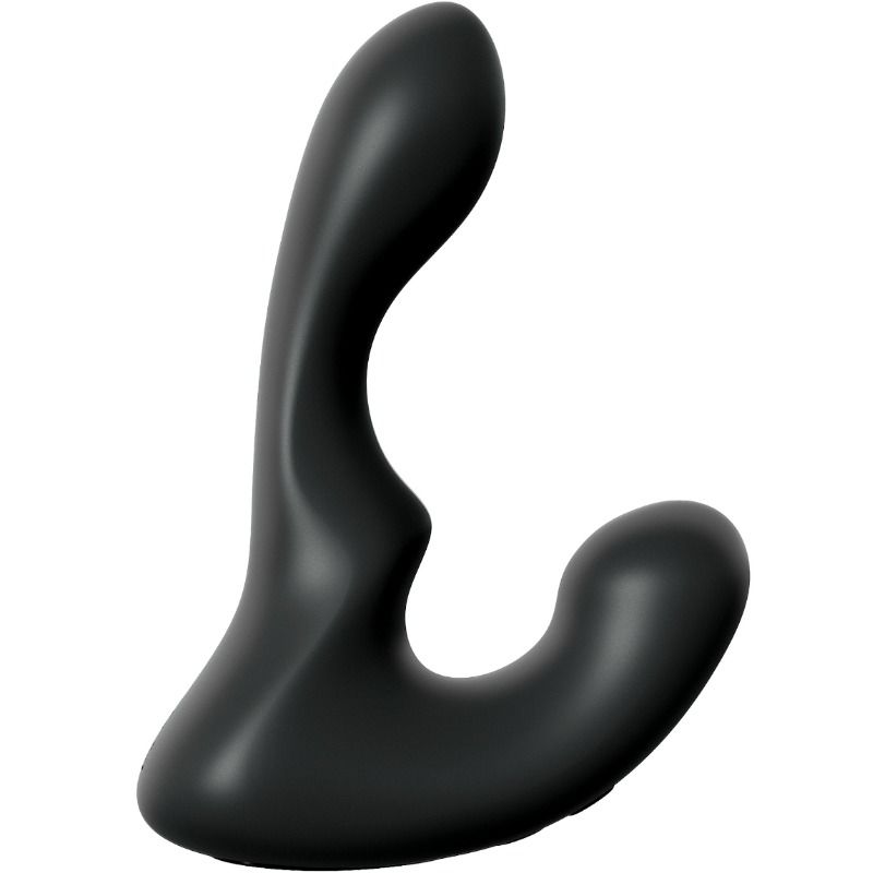 Stimulateur de prostate en silicone noir à la forme ergonomique courbée, branche interne bulbeuse et appui périnéal, conçu pour cibler le point P en douceur.