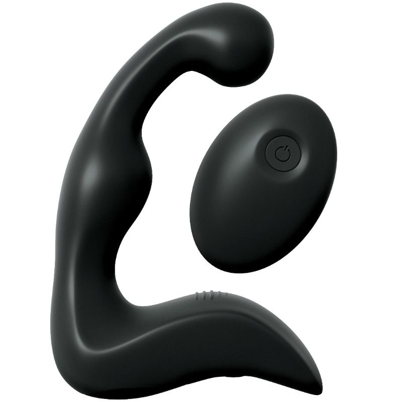 Stimulateur de prostate en silicone noir à double branche ergonomique accompagné de sa télécommande ovale, vibrateur rechargeable pour une stimulation du point P à distance.