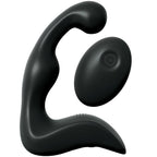 Stimulateur de prostate en silicone noir à double branche ergonomique accompagné de sa télécommande ovale, vibrateur rechargeable pour une stimulation du point P à distance.