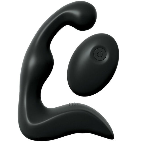Stimulateur de prostate en silicone noir à double branche ergonomique accompagné de sa télécommande ovale, vibrateur rechargeable pour une stimulation du point P à distance.