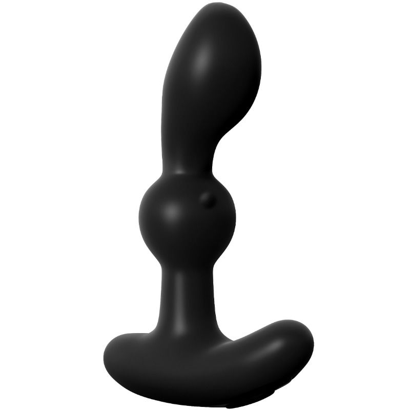Masseur de prostate en silicone noir à perles oscillantes et base d'appui périnéal courbée, vue de profil du stimulateur rotatif rechargeable pour le point P.